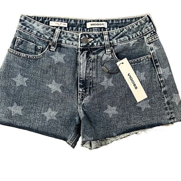 Vigoss Ace Shorts Size 27 Blue High Rise Star Deco New Raw Edge Hem Denim NWT - Picture 3 of 10